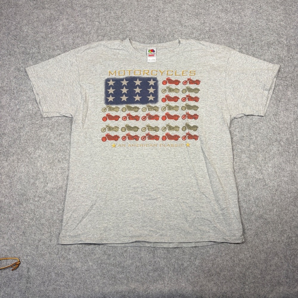 Fruit of the Loom Motorcycles American Classic Flag Graphic T-Shirt Gray XL